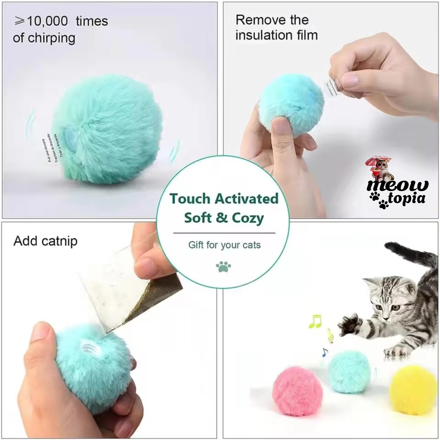 PurrBall Play - Jouet pour chat en peluche à détection de mouvement et de son